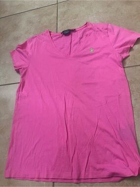 Ralph Lauren Hot Pink V-Neck Cotton Tee with Lime Pony